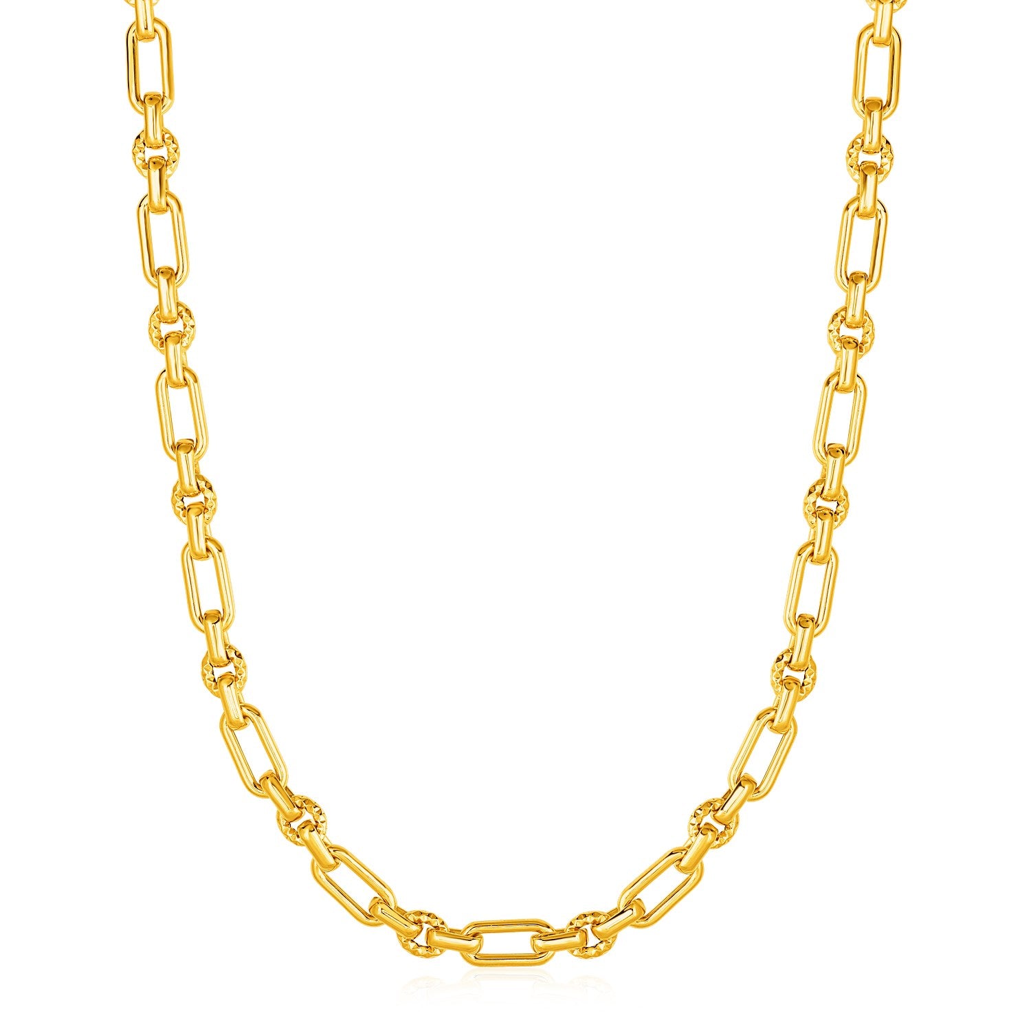 Rounded Rectangular Link Necklace with Textured Round Links in 14k Yellow Gold in a sleek high-contrast midnight luxury edito